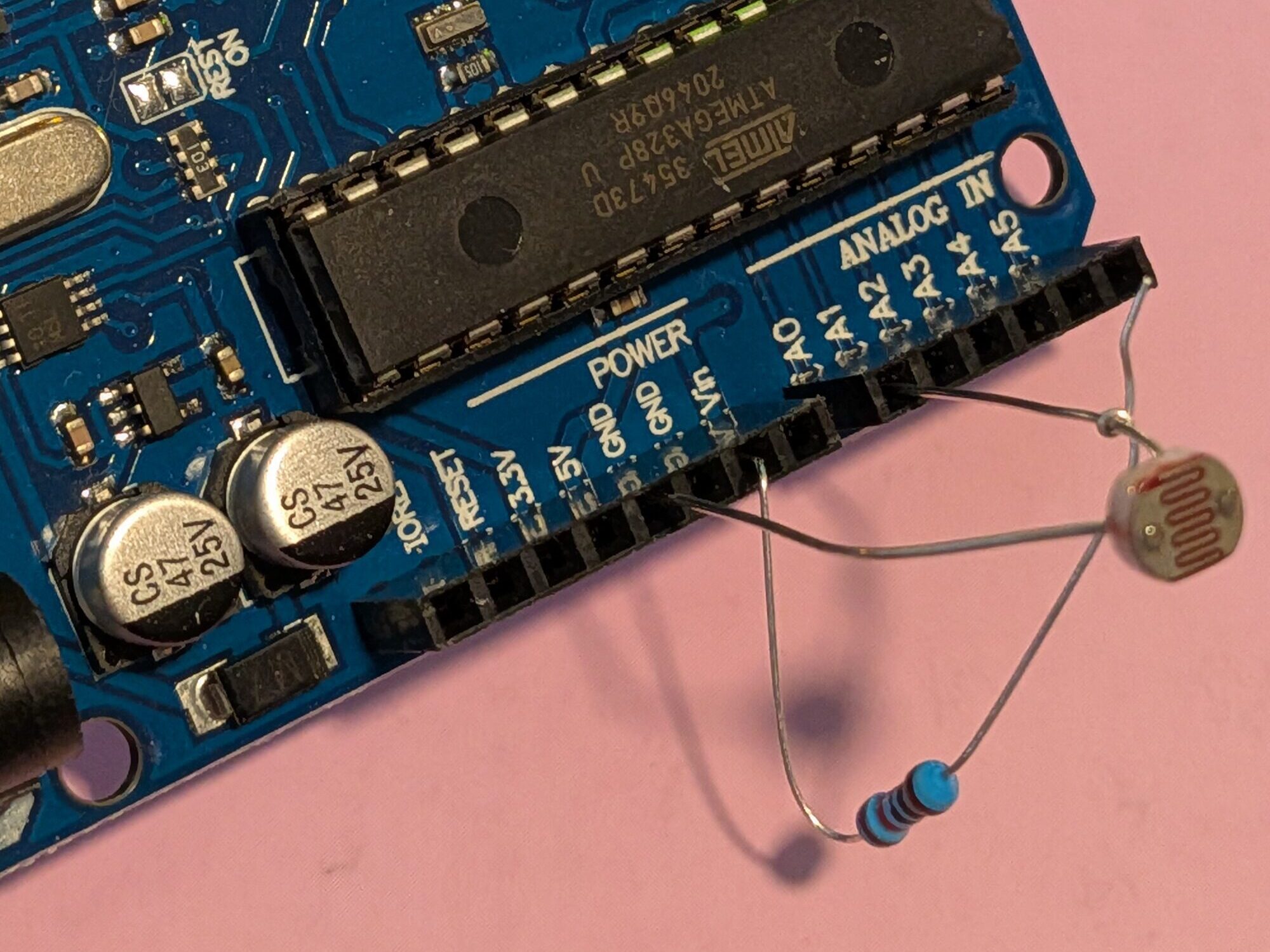 Arduino board with LDR and resistor set up poorly